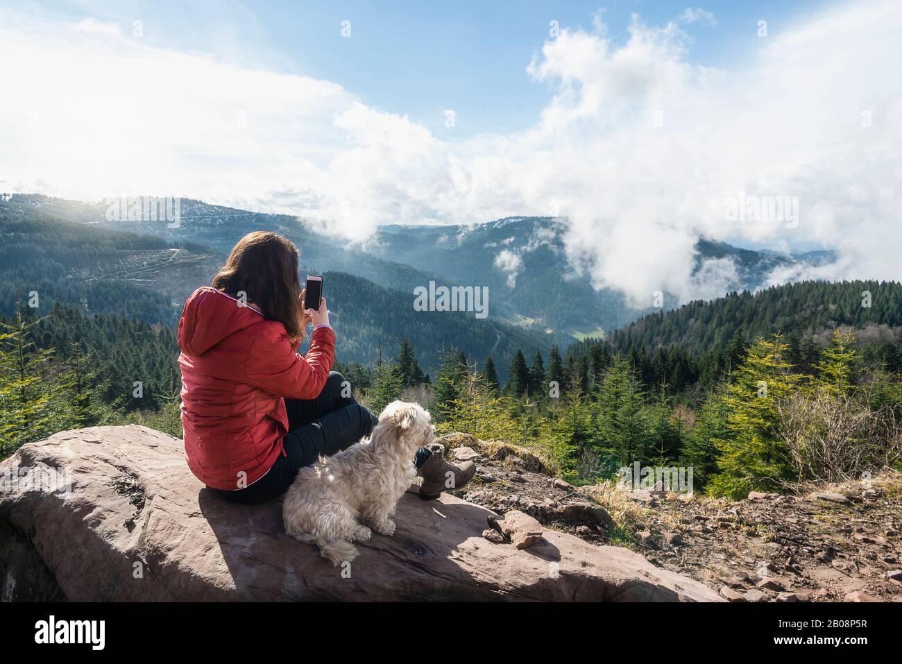 Giovane donna con il suo cane ammirando le montagne della Foresta Nera, in una soleggiata giornata primaverile, in Germania. Ragazza che scatta foto con il telefono. Concetto di tempo di vacanza. Foto Stock