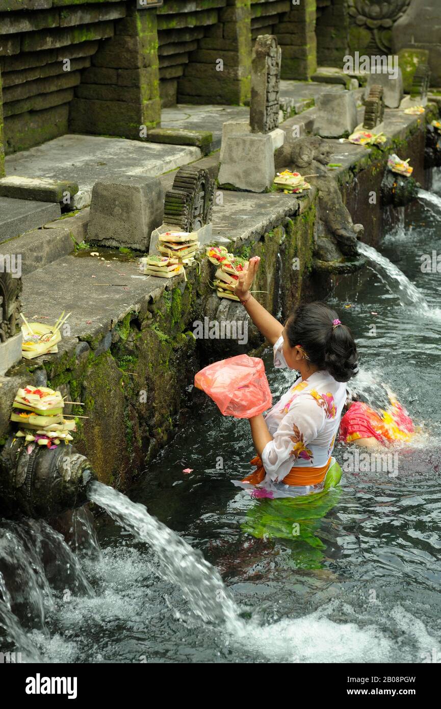 Donna Balinese che fa offerte al tempiale di Tirta Empul (pura Tirta Empul) un tempiale di acqua Balinese indù, Tampaksiring, Bali, Indonesia. Foto Stock