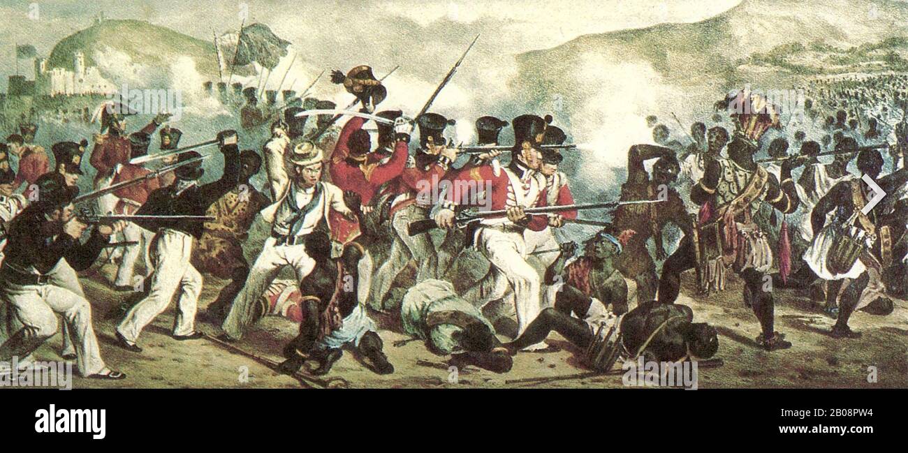 Prima GUERRA ANGLO-ASHANTI 'Defeat of the Ashantee, da forze britanniche sotto il comando di Coll Sutherland, luglio 11th, 1824' da artista sconosciuto Foto Stock