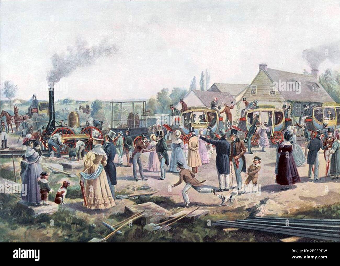 Stockton-DARLINGTON FERROVIA Incisione Colorata circa 1825 quando la linea stava ancora portando soltanto carbone. Foto Stock