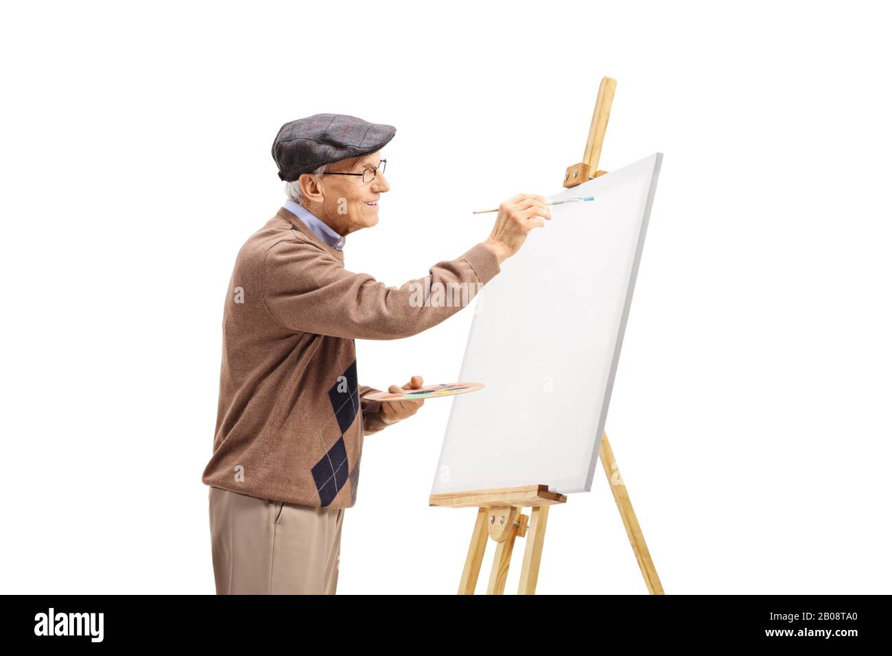 Pittura dell'uomo anziano su una tela isolata su sfondo bianco Foto Stock