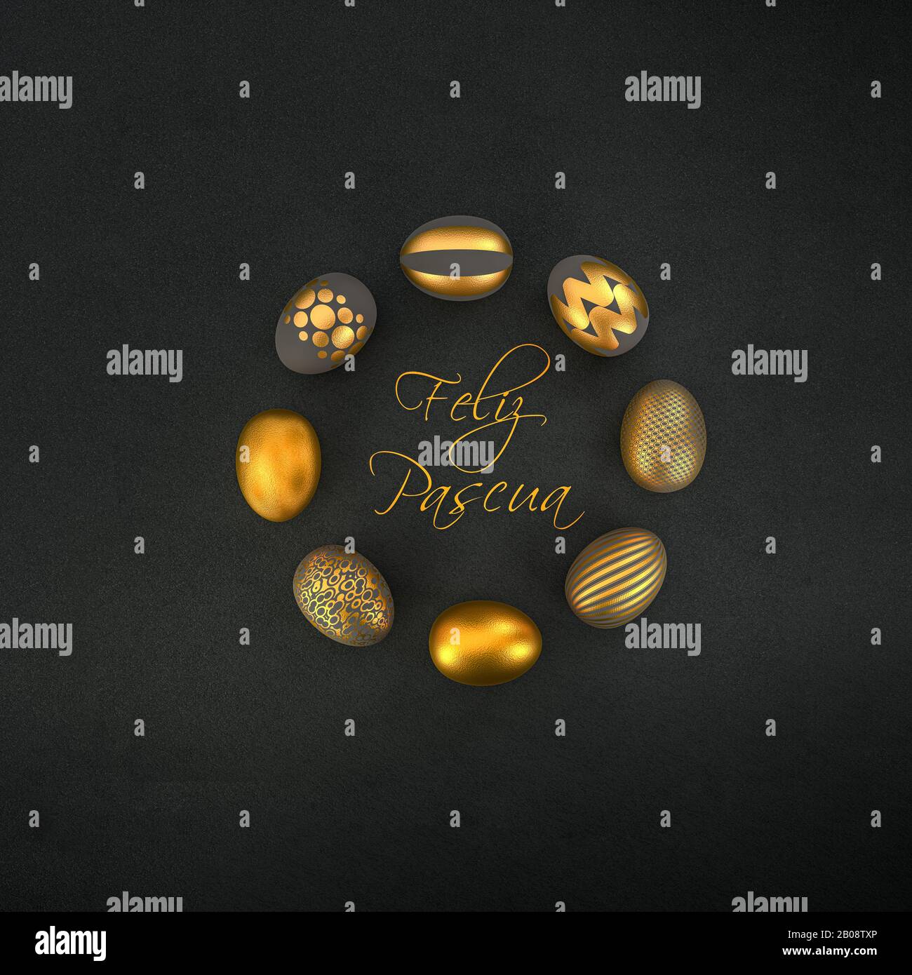 Uova di Pasqua con motivi diversi in oro giacenti in forma circolare su uno sfondo scuro. Il testo spagnolo "Feliz Pascua" (buona Pasqua) al centro Foto Stock