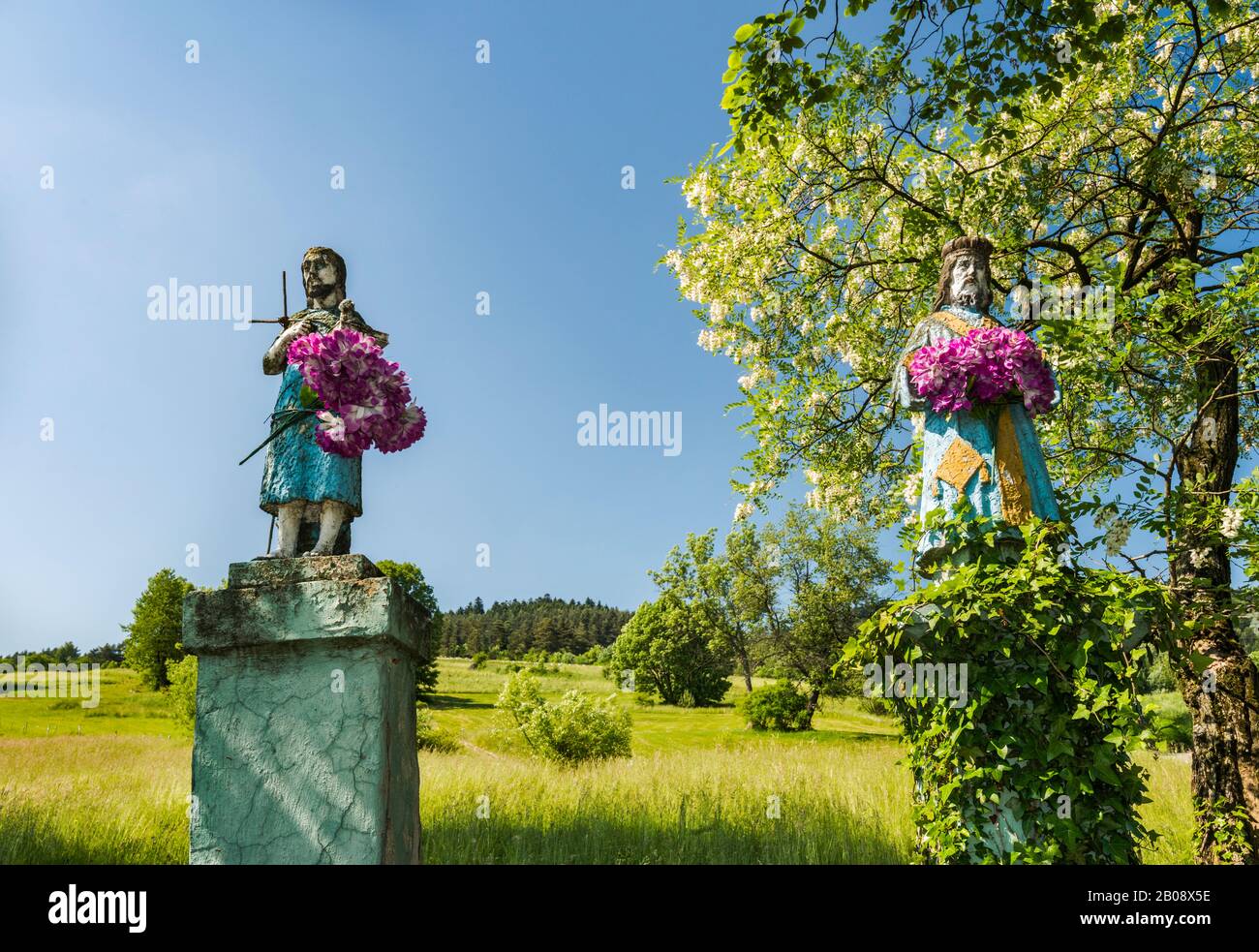 Statue religiose, fiorire falso albero di acacia sulla strada vicino al villaggio di Berest, Bassa catena montuosa Beskids, Carpazi occidentali, Malopolska, Polonia Foto Stock