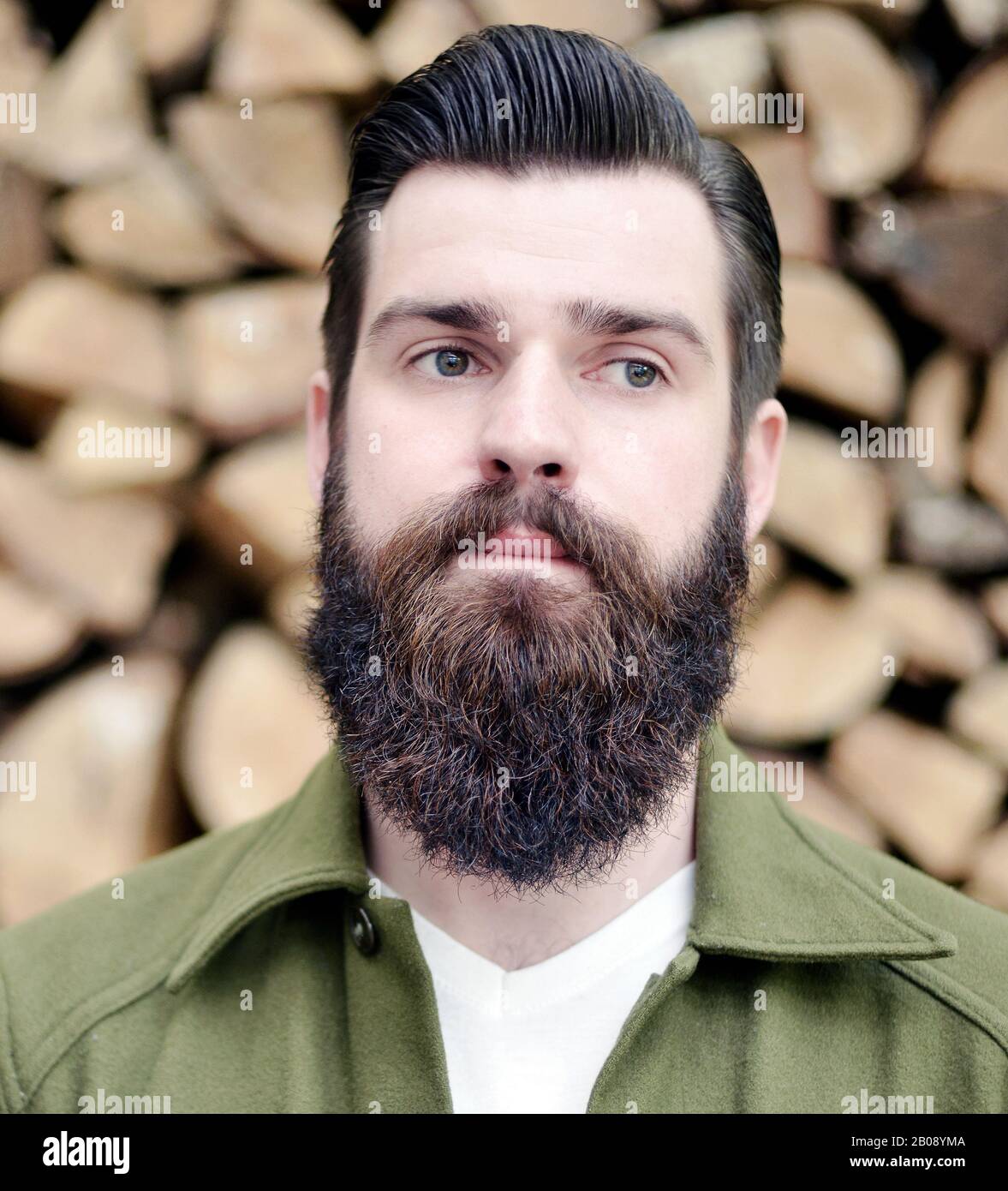 Ritratto di un uomo barbuto davanti ad uno sfondo di legna da ardere Foto Stock