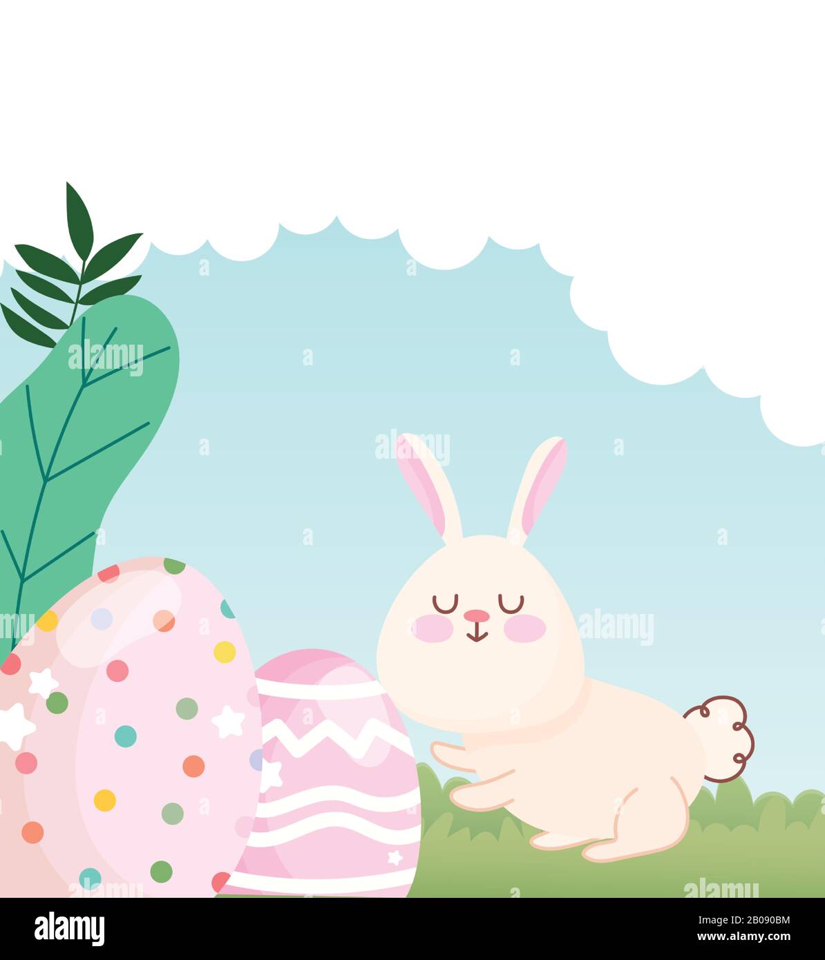 coniglietto bianco di pasqua felice con le uova punteggiate e allineate decorazione nel vettore di erba illustrazione Illustrazione Vettoriale