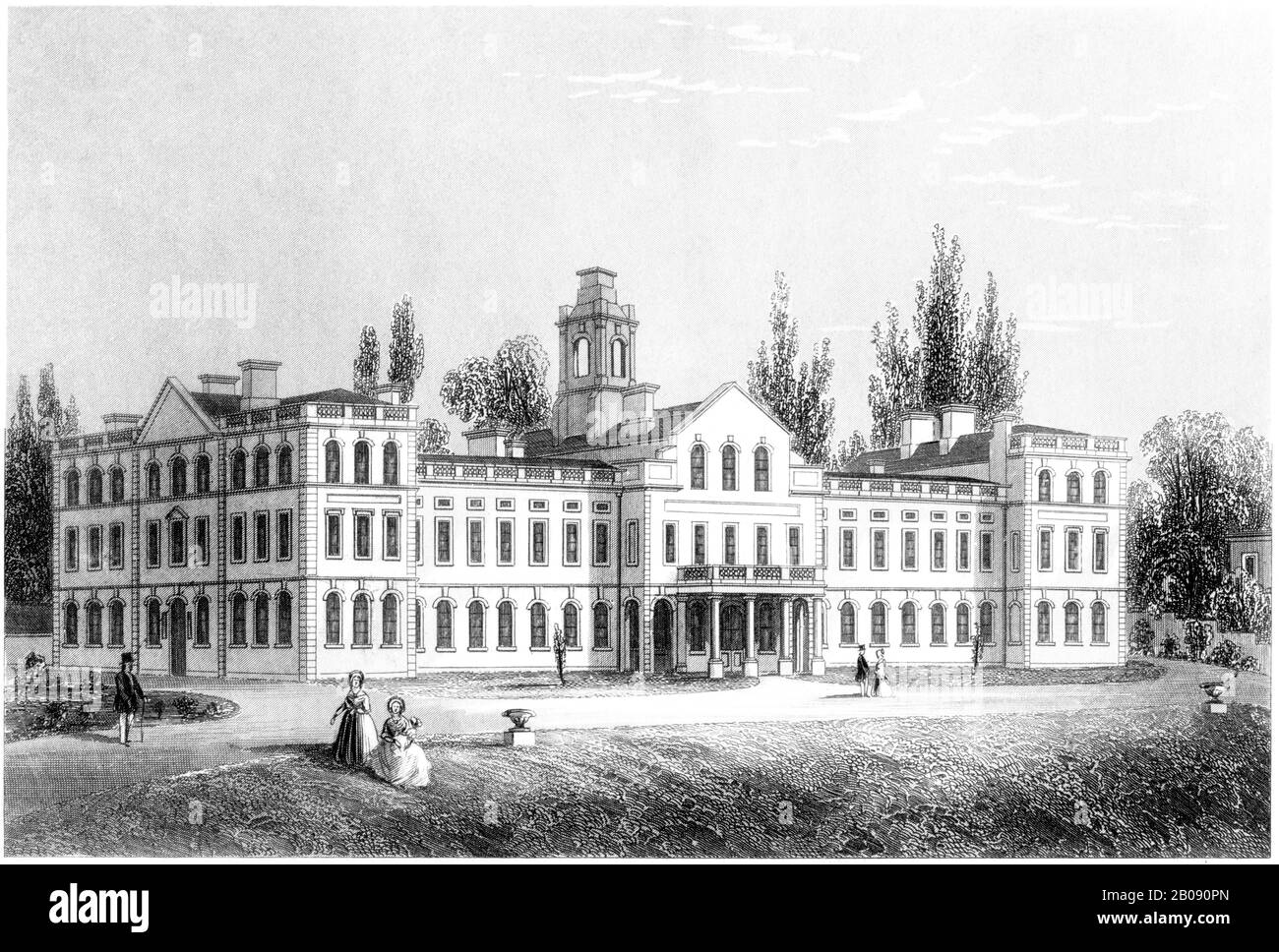 Un'incisione del nuovo piccolo Pox Hospital Highgate, Londra scannerizzata ad alta risoluzione da un libro stampato nel 1851. Creduto copyright libero. Foto Stock