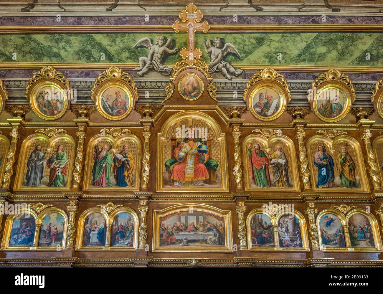 Iconostasi, 1904, Chiesa di San Paraskevi, 17th secolo, Greco cattolico, ora cattolico romano, villaggio di Kwiaton, Carpazi occidentali, Malopolska, Polonia Foto Stock