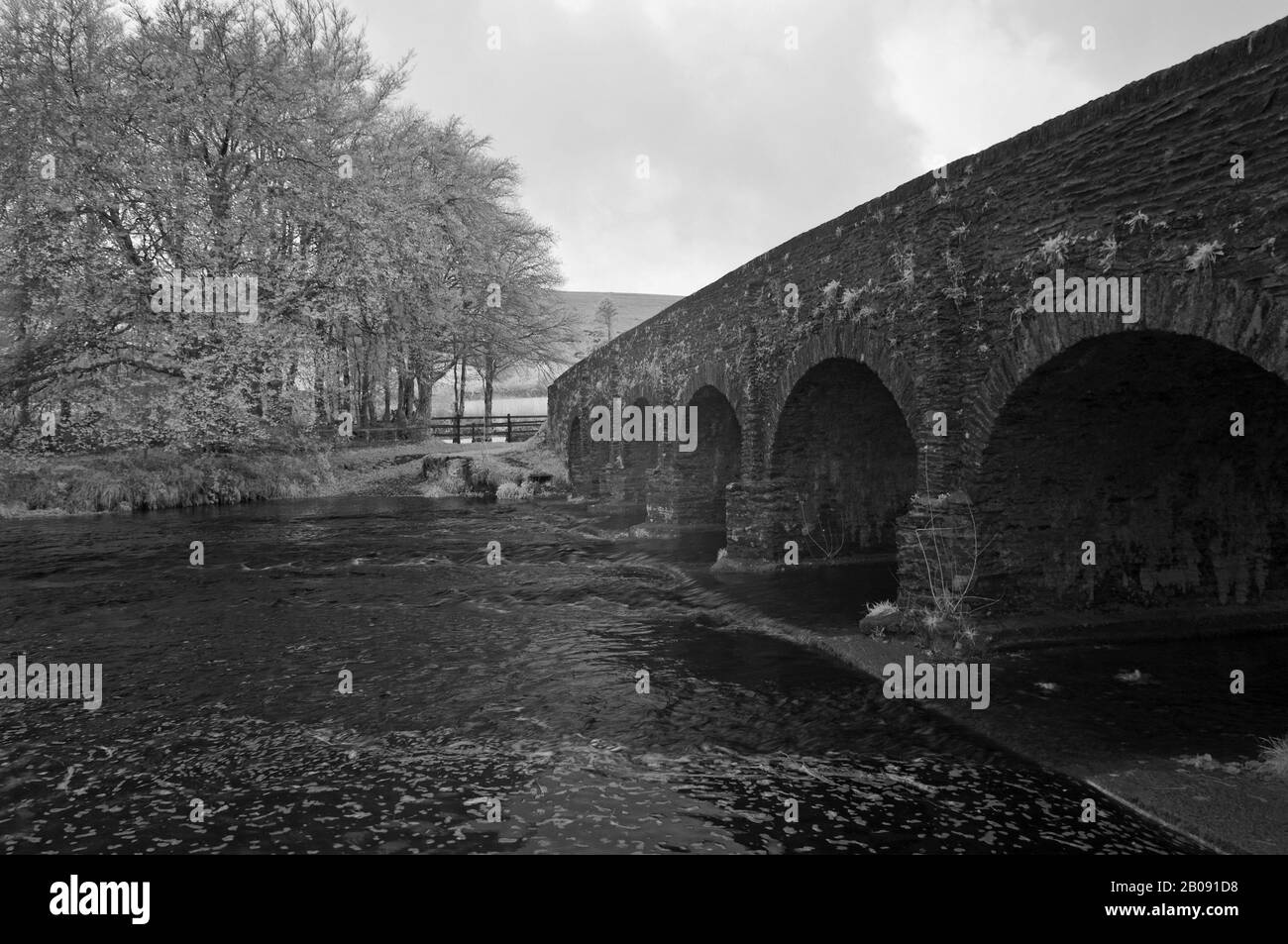 Immagine a infrarossi del New Bridge nel centro di Withypool dove attraversa il fiume Barle, parte del Parco Nazionale Exmoor nel Somerset, Inghilterra Foto Stock
