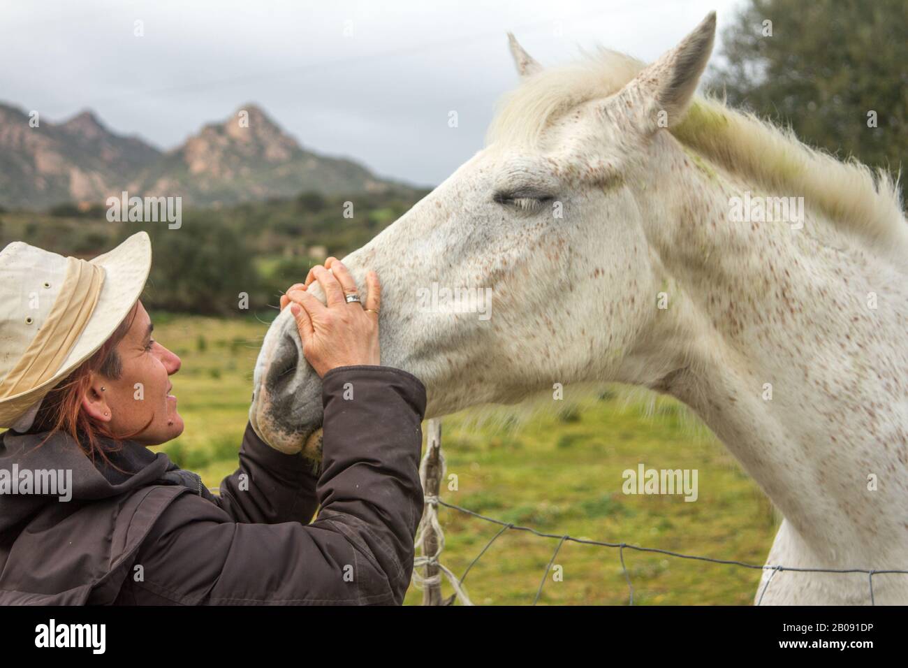 cavallo bianco nel prato verde che riceve coccole dalla sua cowgirl con il  cappello bianco cowboy con molti abbracci e carezze e baci Foto stock -  Alamy