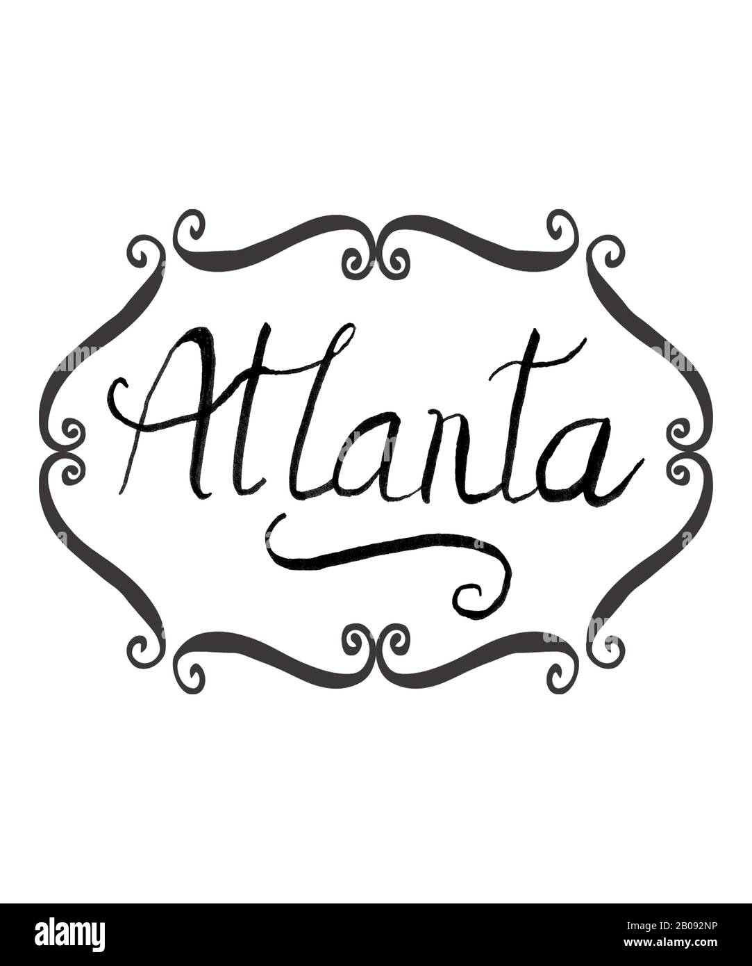 Calligrafia manuale di Atlanta con disegni swirl in nero su sfondo bianco. Ideale per i concetti e l'industria di viaggio di questa città della Georgia. Foto Stock