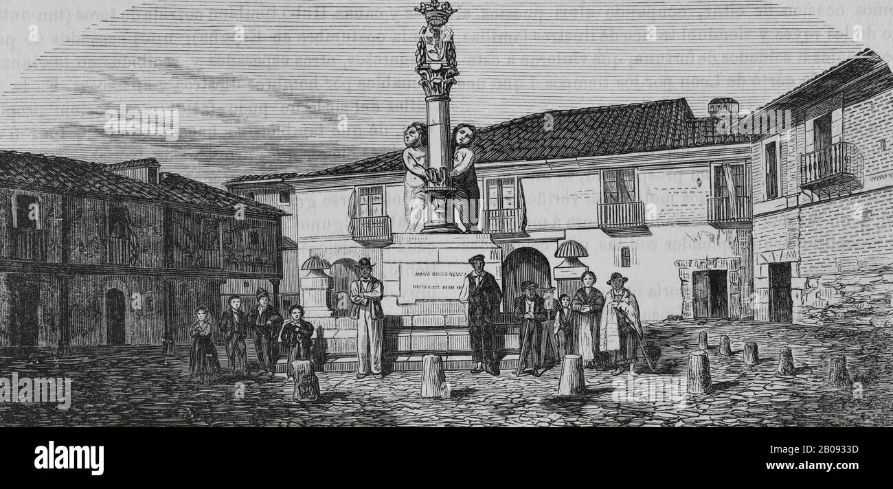 Spagna, Leon. Fontana del mercato, datato 1789. Mercato del grano della città, Plaza del grano. Incisione di Soriano, 19th secolo. Cronica General de España, Historia Ilustrada y Descriptiva de sus Provincias. Asturias e Leon, 1867. Foto Stock