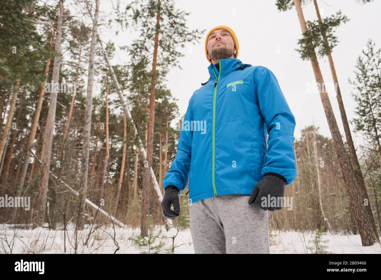Sotto vista di giovane pensoso con stoppia indossando abiti caldi camminando nella foresta invernale Foto Stock