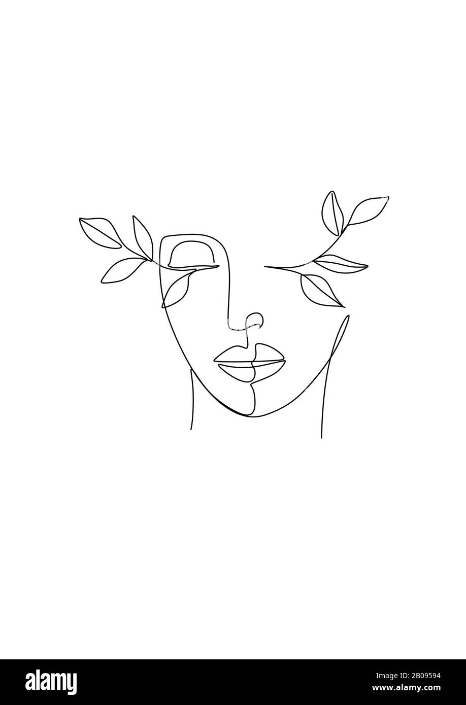 Donna disegno linea natura. Ragazza con vettore di foglie. Salva Natura. Giornata Della Terra. Volto astratto con fiori da una linea vettore disegno. Ritratto minimalista Foto Stock