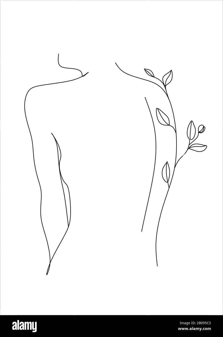 Donna disegno linea natura. Ragazza con vettore di foglie. Salva Natura. Giornata Della Terra. Volto astratto con fiori da una linea vettore disegno. Ritratto minimalista Foto Stock