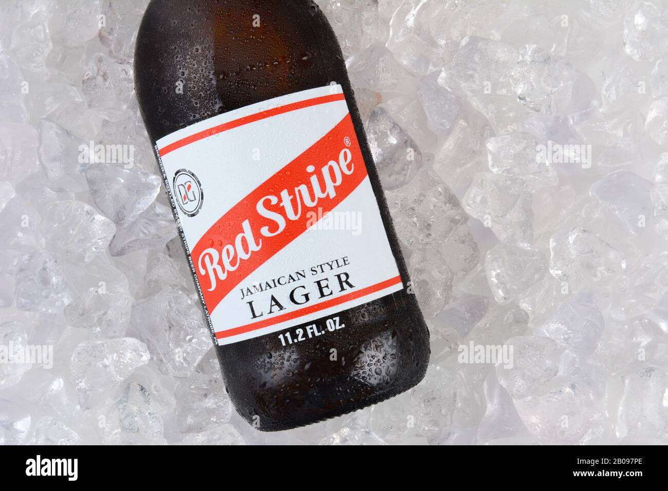 Irvine, CA - 11 GENNAIO 2015: Red Stripe giamaicano Stile Lager su un letto di ghiaccio closeup. Prodotto in Giamaica dal 1938 da Desnoes & Geddes suoi internati Foto Stock