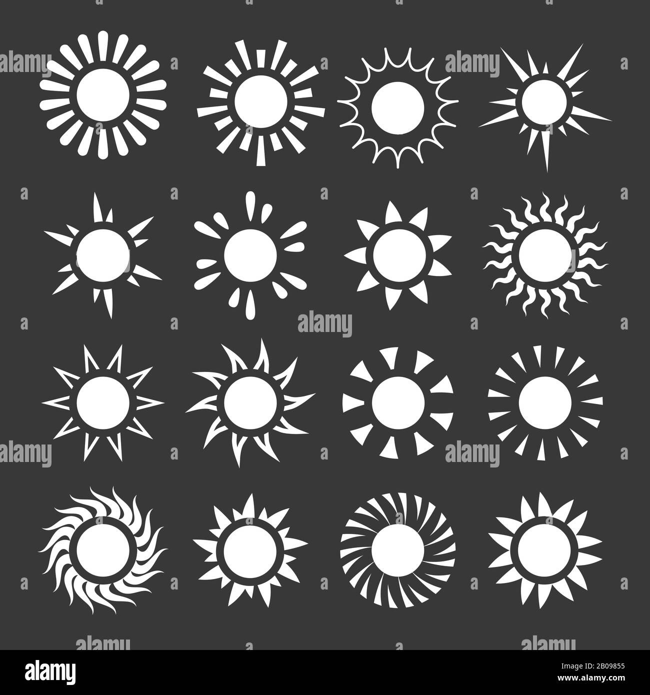 Set di icone vettore meteo Suns. Previsione di soleggiata web segno illustrazione Illustrazione Vettoriale