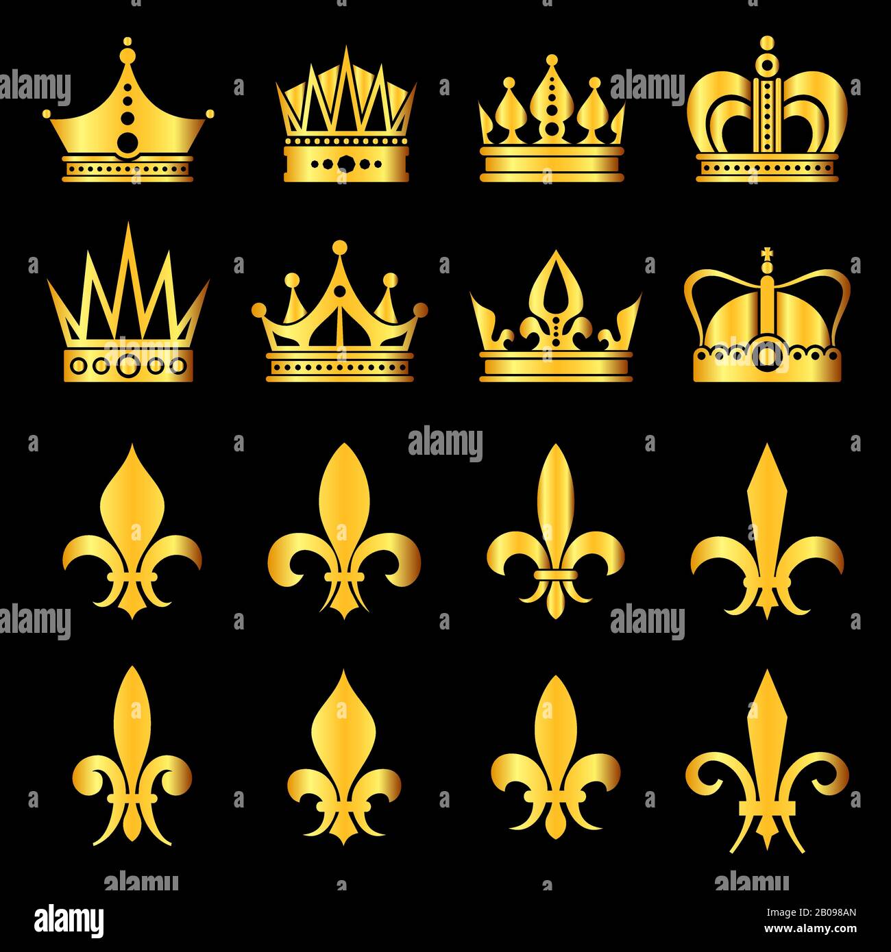 Corone in oro nero. Elementi decorativi decorati. Illustrazione del vettore Illustrazione Vettoriale
