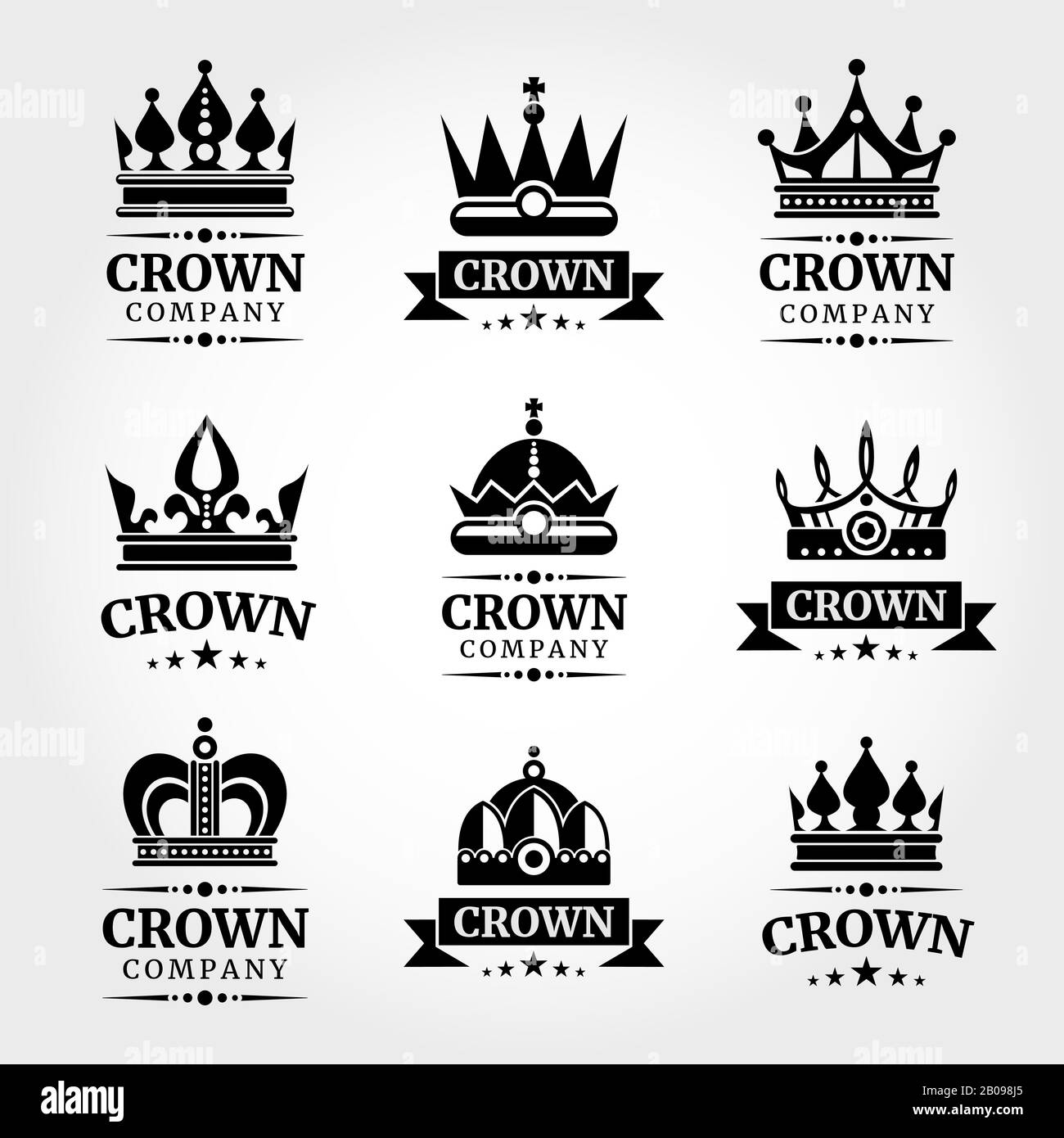 Le dime del logo Royal Vector Crown sono impostate in bianco e nero. Set di emblemi con illustrazione corone Illustrazione Vettoriale