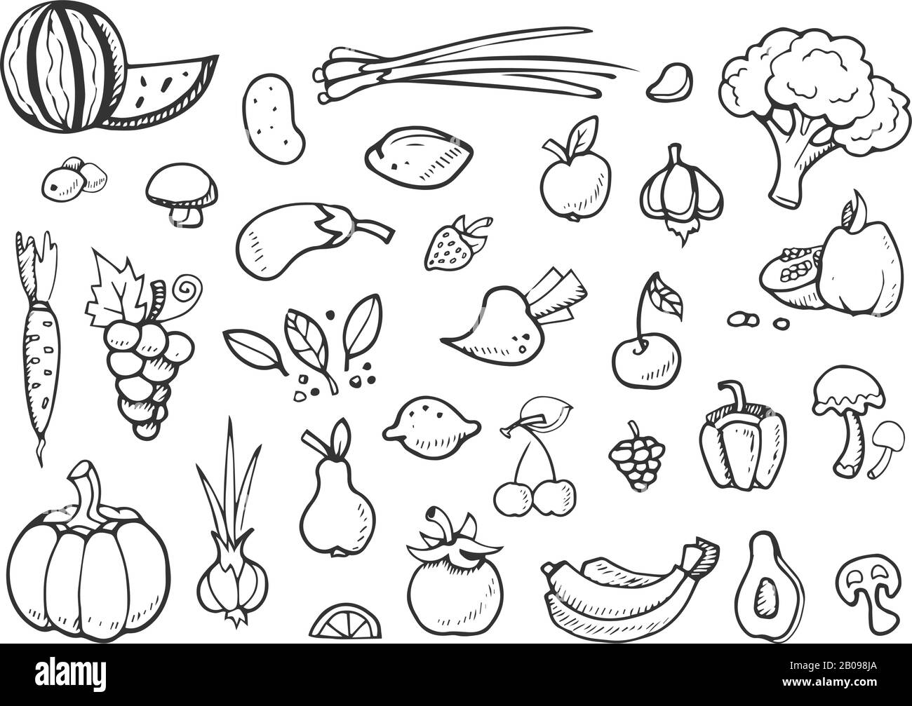 Verdure fresche e icone vettore frutta doodle. Cibo sano disegnato a mano elementi del menu. Cibo vegetariano sano, schizzo di cibo per l'illustrazione del menu Illustrazione Vettoriale