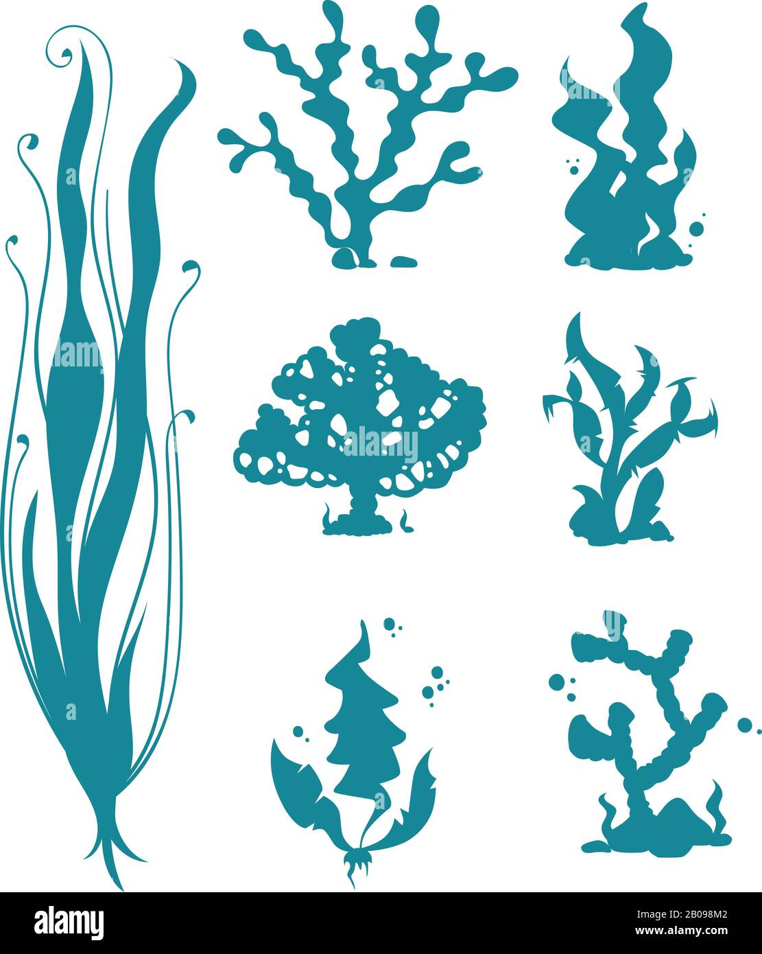 Coralli marini subacquei e sagome vettoriali di alghe isolate su bianco. Corallo e reef dell'oceano, mare di alghe. Illustrazione dell'organismo dei coralli Illustrazione Vettoriale