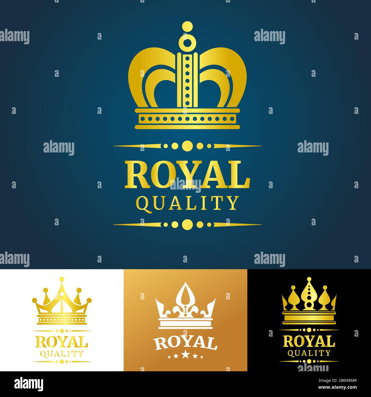 Modello con logo Royal Quality Vector Crown. Simbolo della corona d'oro dell'illustrazione del set Illustrazione Vettoriale