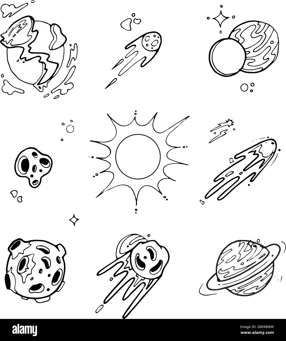 Pianeti disegnati a mano di sistema solare con sole e spazio asteroidi, comete, stelle. Illustrazione vettoriale in stile doodle. Progettazione di scienze spaziali Illustrazione Vettoriale