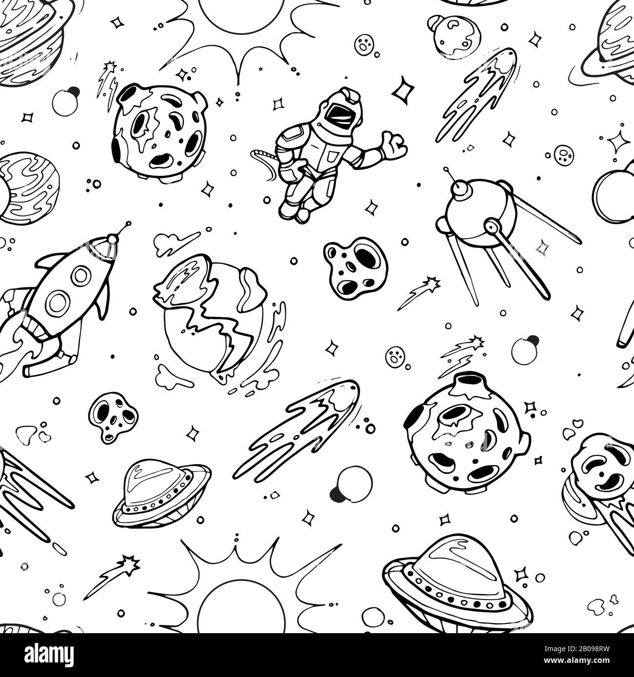 Texture spaziale con pianeti, stelle, astronavi. Vettore senza cuciture doodle modello. Nave spaziale e comet modello doodle, scienza spazio galassia disegnato a mano illustrazione Illustrazione Vettoriale