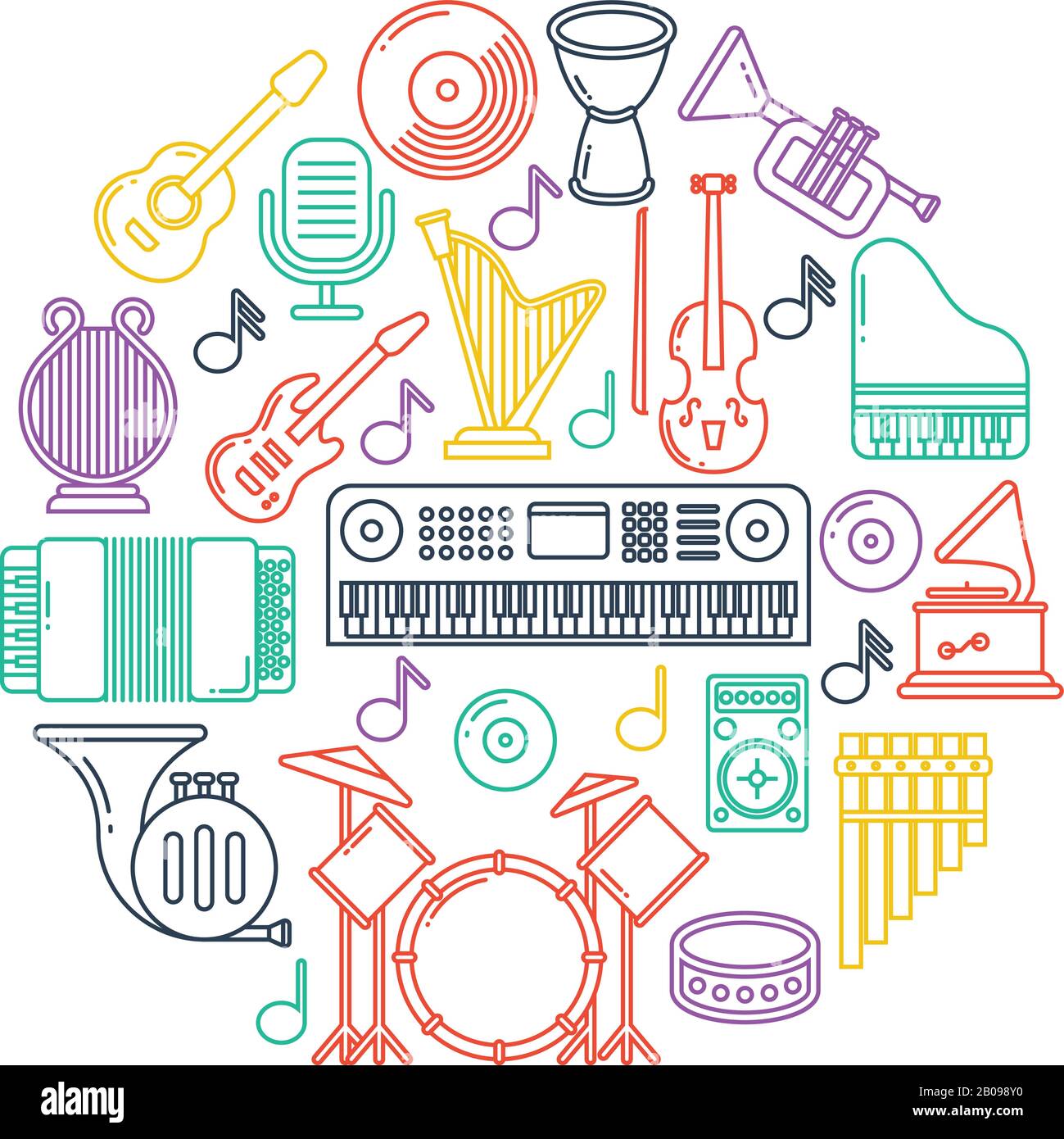 Poster di musica vettoriale con icone della linea degli strumenti musicali. Strumenti da concerto in forma rotonda. Illustrazione di chitarra musicale, batteria e microfono Illustrazione Vettoriale