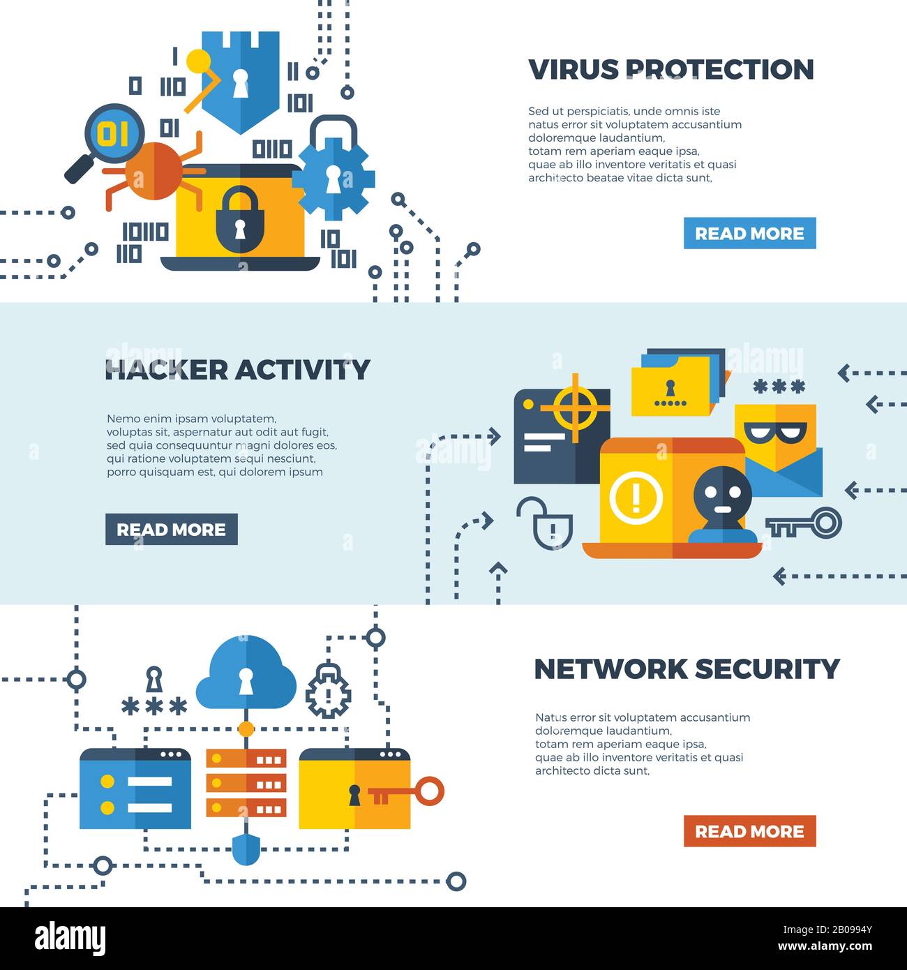 Sicurezza delle comunicazioni online, set di banner Web vettoriali per la protezione dei computer. Proteggere il firewall del computer, proteggere l'accesso all'illustrazione della rete Illustrazione Vettoriale