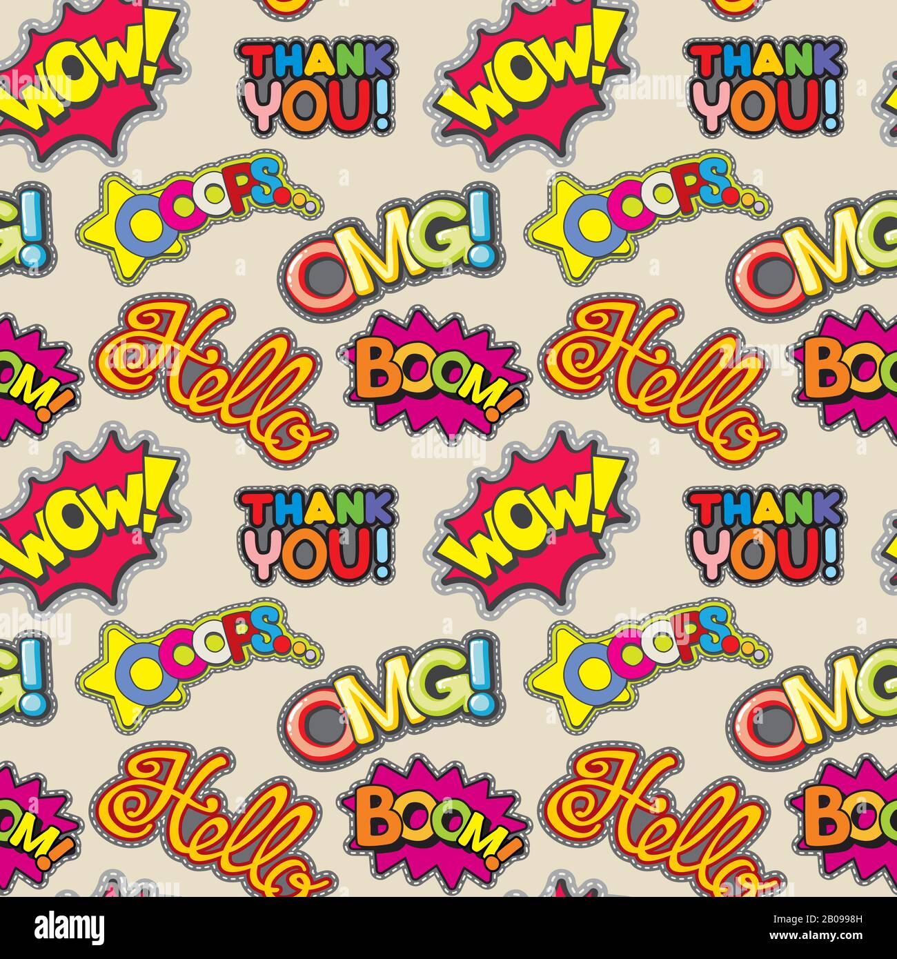Disegno vettoriale di parole da ricamo senza cuciture. Sfondo con ricamo parola wow e boom, illustrazione del ricamo a colori set Illustrazione Vettoriale