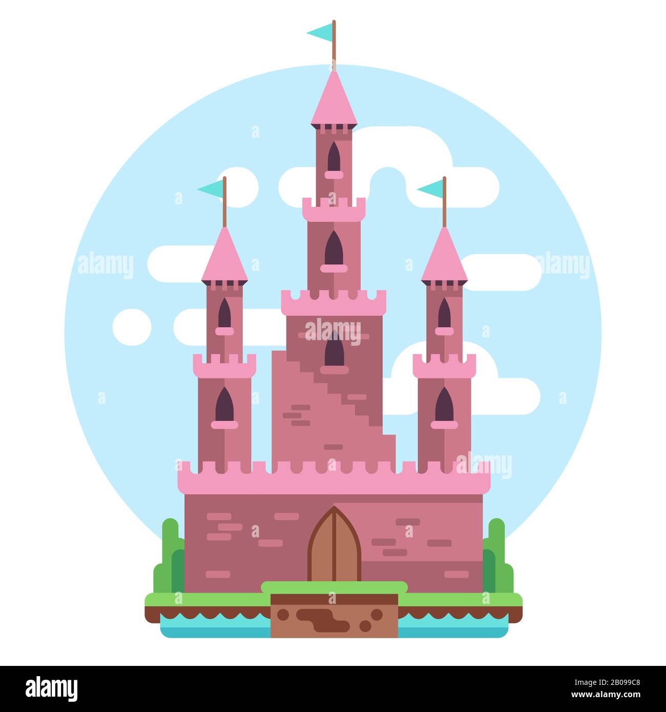 Illustrazione del vettore del castello di alcazar, fiaba rosa dei cartoni animati. Casa misteriosa rosa delle principesse con bandiere e porte. Castello medievale con torri Illustrazione Vettoriale