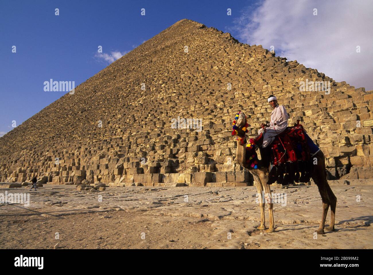 EGITTO, CAIRO, GIZA, PIRAMIDE DI CHEOPE CON L'UOMO LOCALE SUL CAMMELLO IN PRIMO PIANO Foto Stock