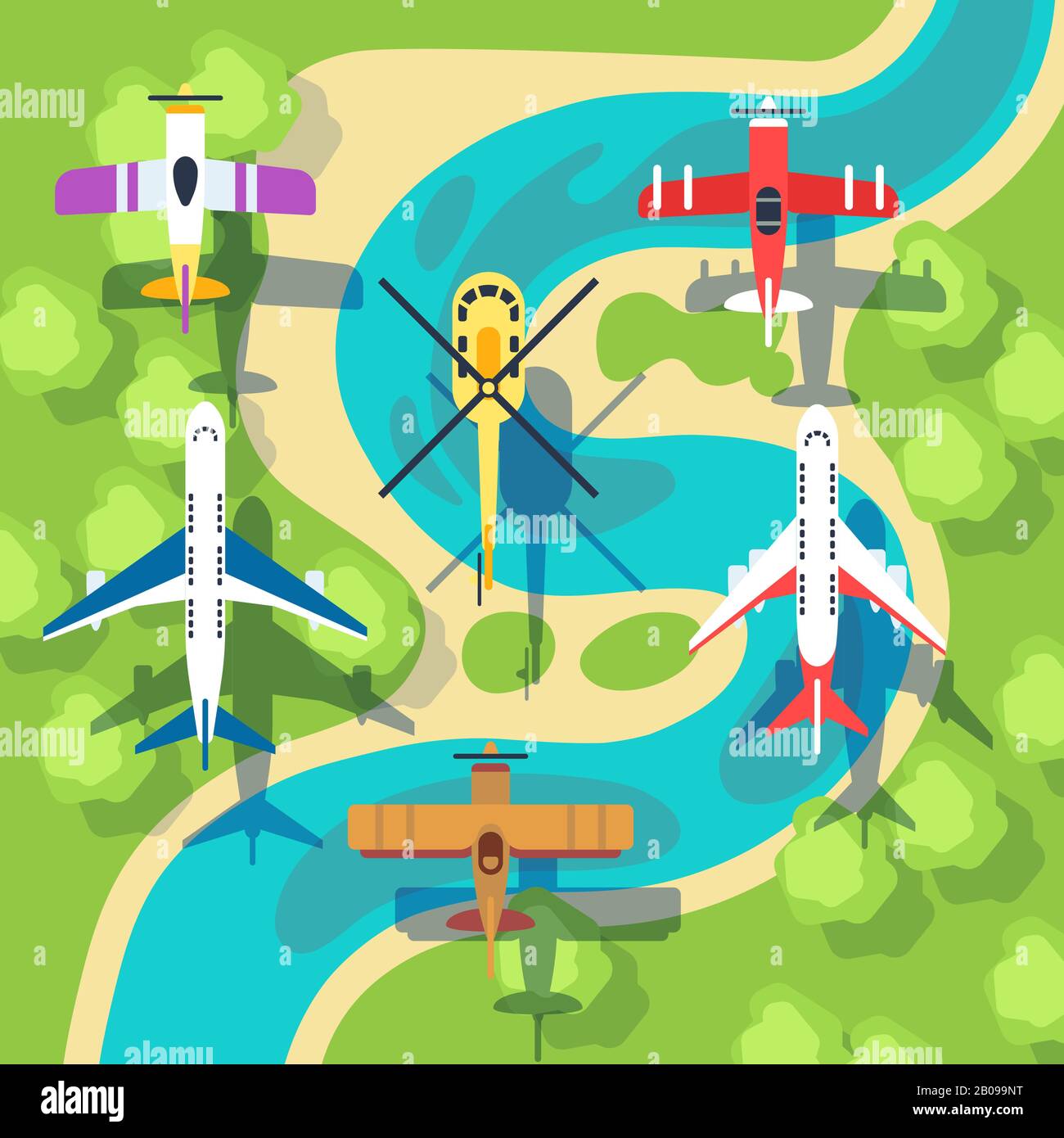 Vista dall'alto aerei ed elicotteri sopra l'illustrazione del vettore di paesaggio. Aereo di trasporto aereo e vista in elicottero Illustrazione Vettoriale