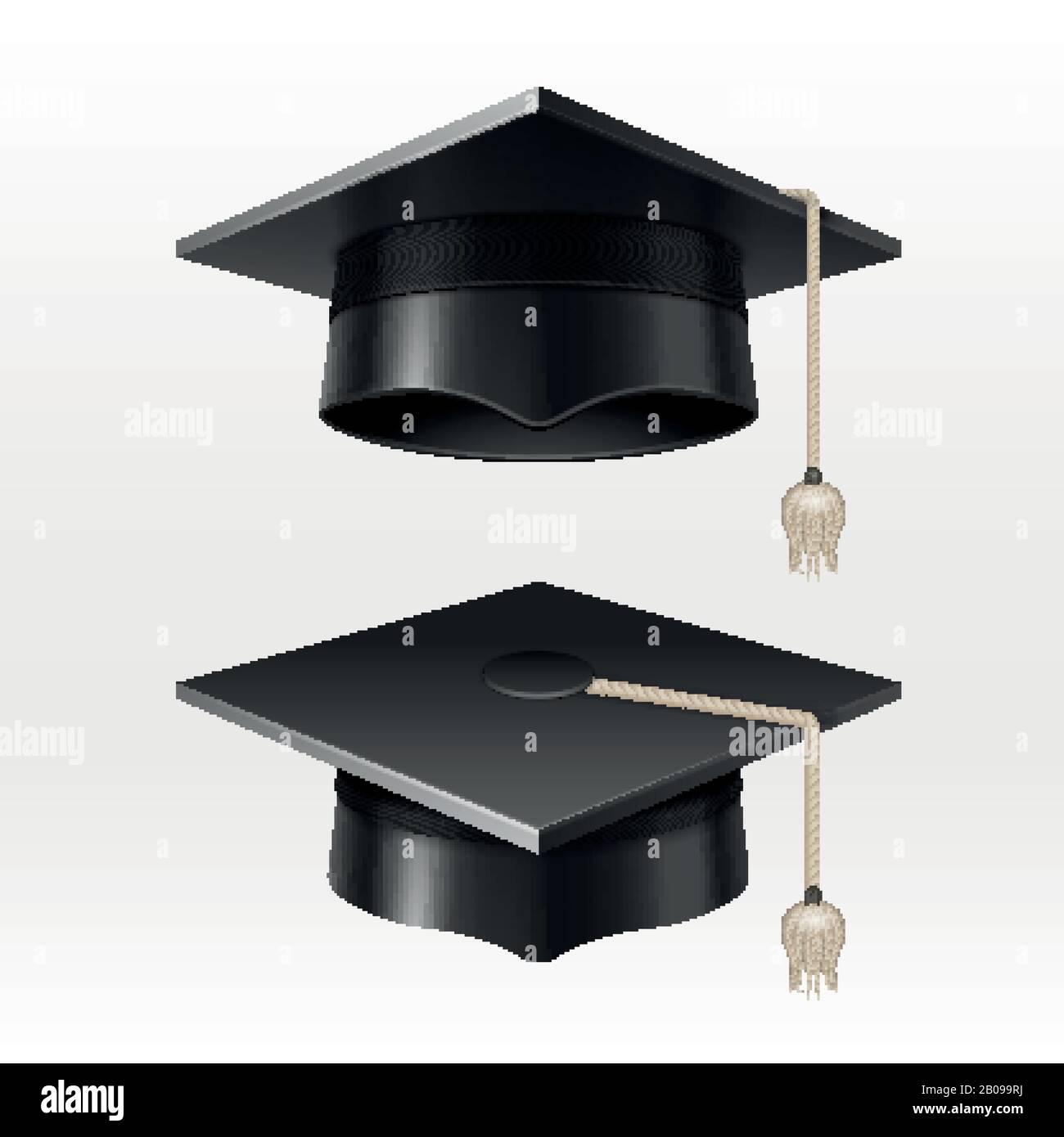 Lauree universitarie con illustrazione vettoriale del tasel. Cappello di laurea per cerimonia, cappelli neri accademici Illustrazione Vettoriale