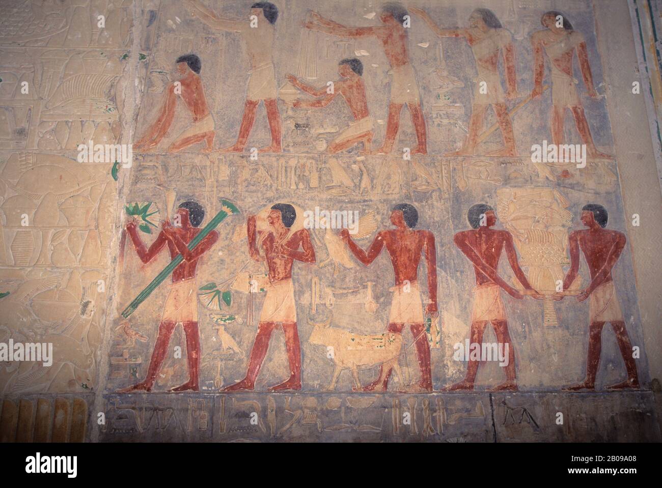EGITTO, VICINO AL CAIRO, SAKKARA, TOMBA DI PTAH-HOTEP, SCULTURA IN RILIEVO CHE MOSTRA LA VITA QUOTIDIANA Foto Stock