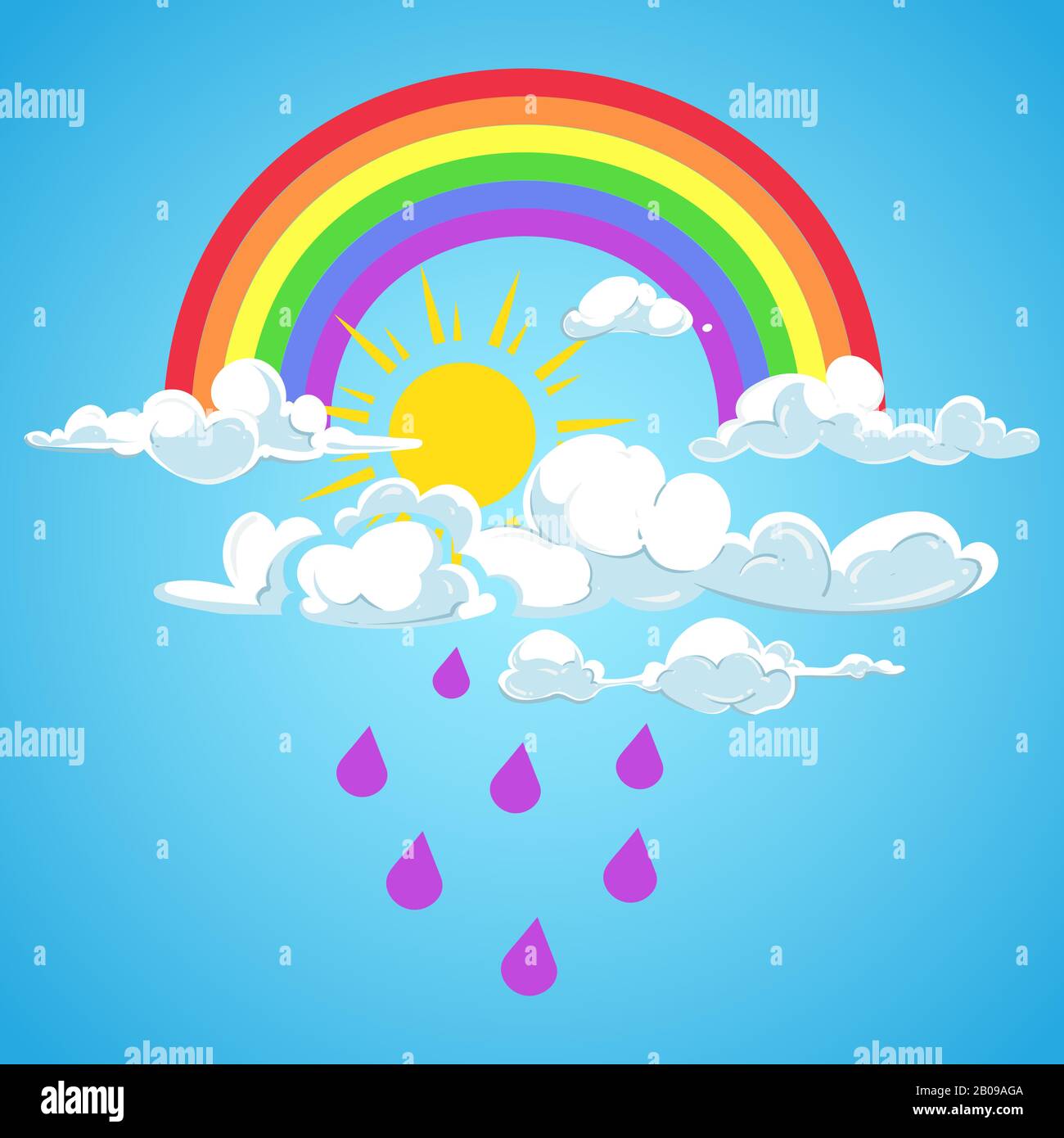Vettore arcobaleno e nuvole con pioggia caduta cielo blu. Pioggia e sole Illustrazione Vettoriale