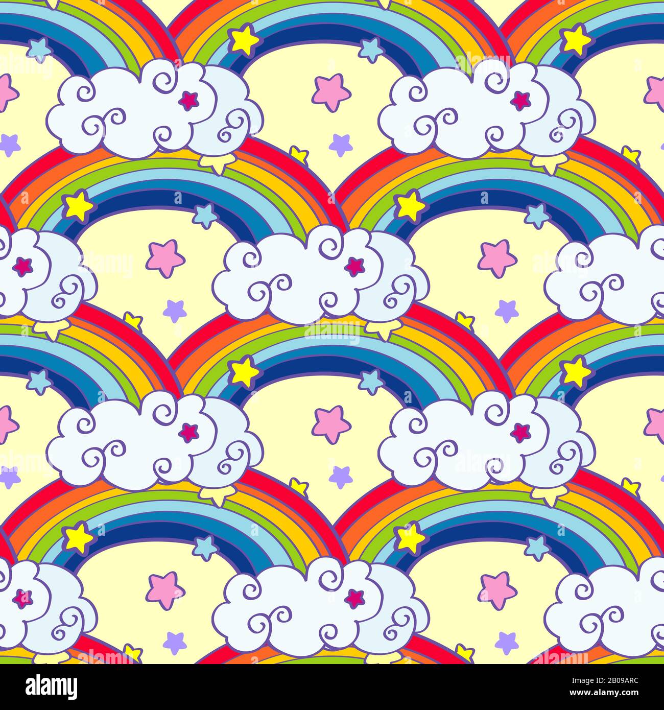 Disegno a mano cartone animato arcobaleno, nuvole e stelle senza cuciture modello. Sfondo fairy Cartoon cielo, illustrazione vettoriale Illustrazione Vettoriale