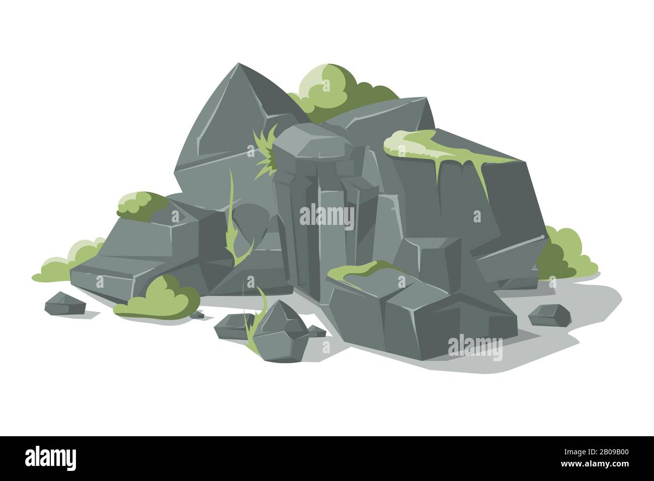 Pietre grigie e rocce cartone animato vettore natura masso con erba. Natura geologia mucchio ghiaia illustrazione Illustrazione Vettoriale