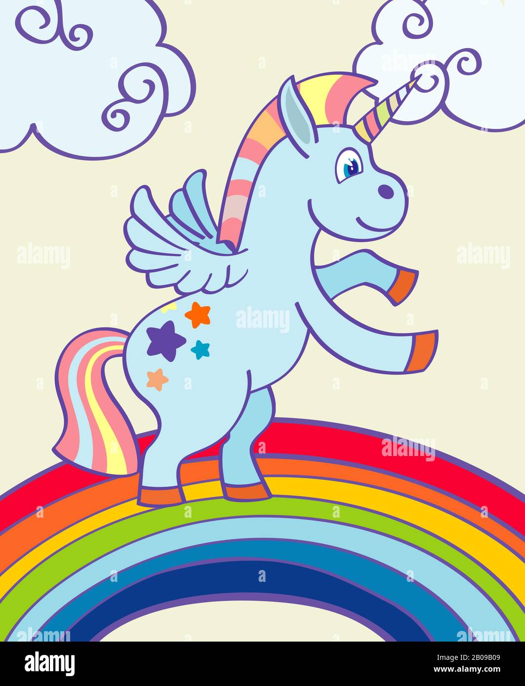 Vettore disegnato a mano unicorno danza su un arcobaleno. Illustrazione del vettore Illustrazione Vettoriale