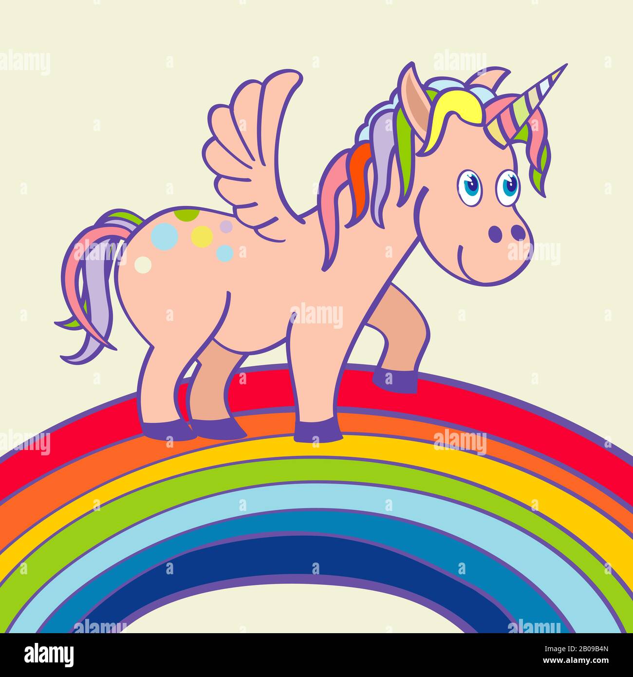 Vettore disegnato a mano unicorno in piedi su un arcobaleno. Illustrazione animale dei personaggi dei cartoni animati Illustrazione Vettoriale
