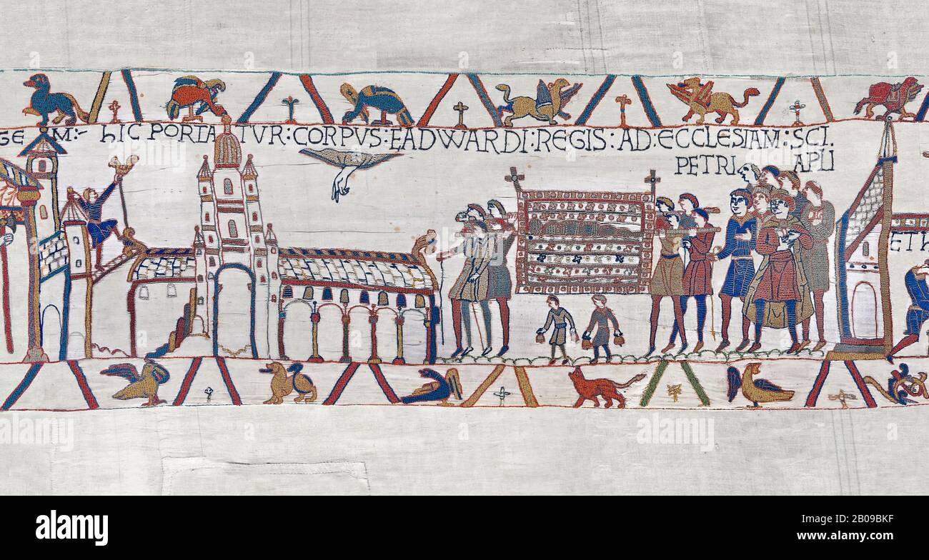 Scena degli arazzi di Bayeux 26 : Edward i Corpes del Confessore è portato alla Chiesa di San Pietro. BYX26 Foto Stock