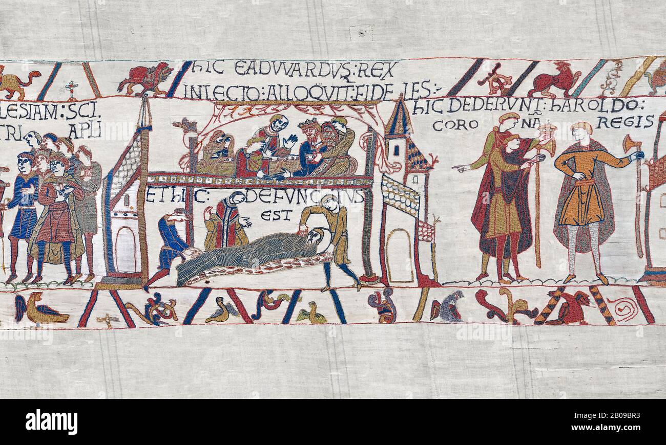 Bayeux Arazzo scena 27-28 : UN Edoardo morente il Confessore fa le sue ultime richieste 'BYX27 BYX 28 Foto Stock