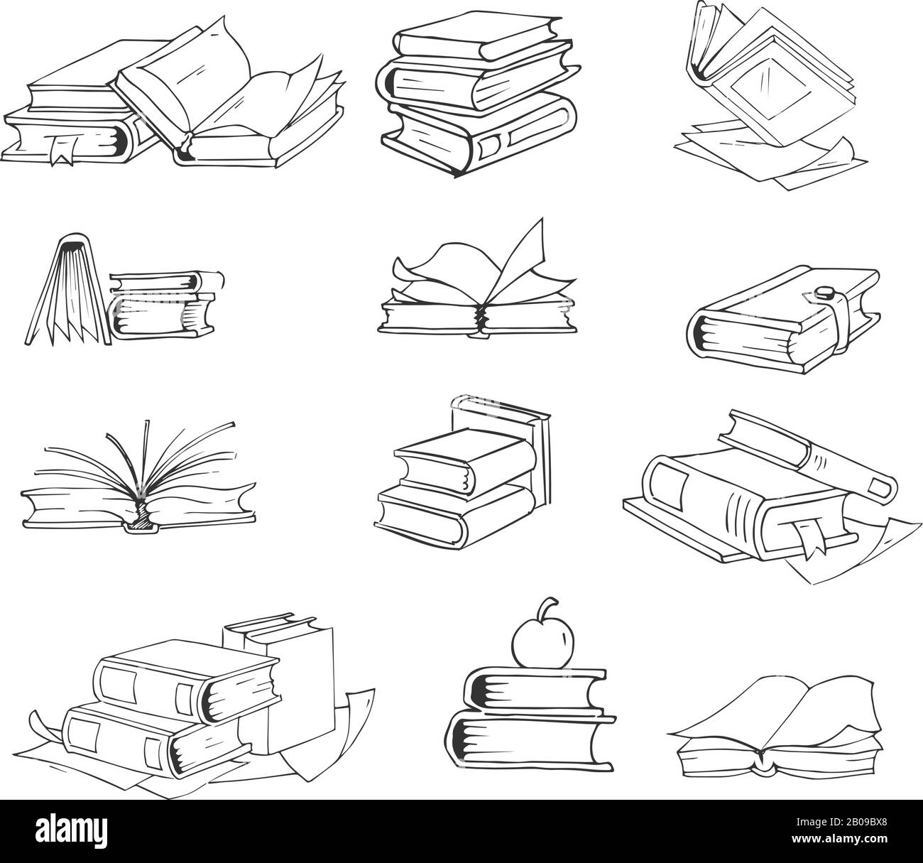 Doodle, insieme di vettori di libri di schizzo disegnati a mano. Pila di libri e illustrazione di un libro aperto Illustrazione Vettoriale