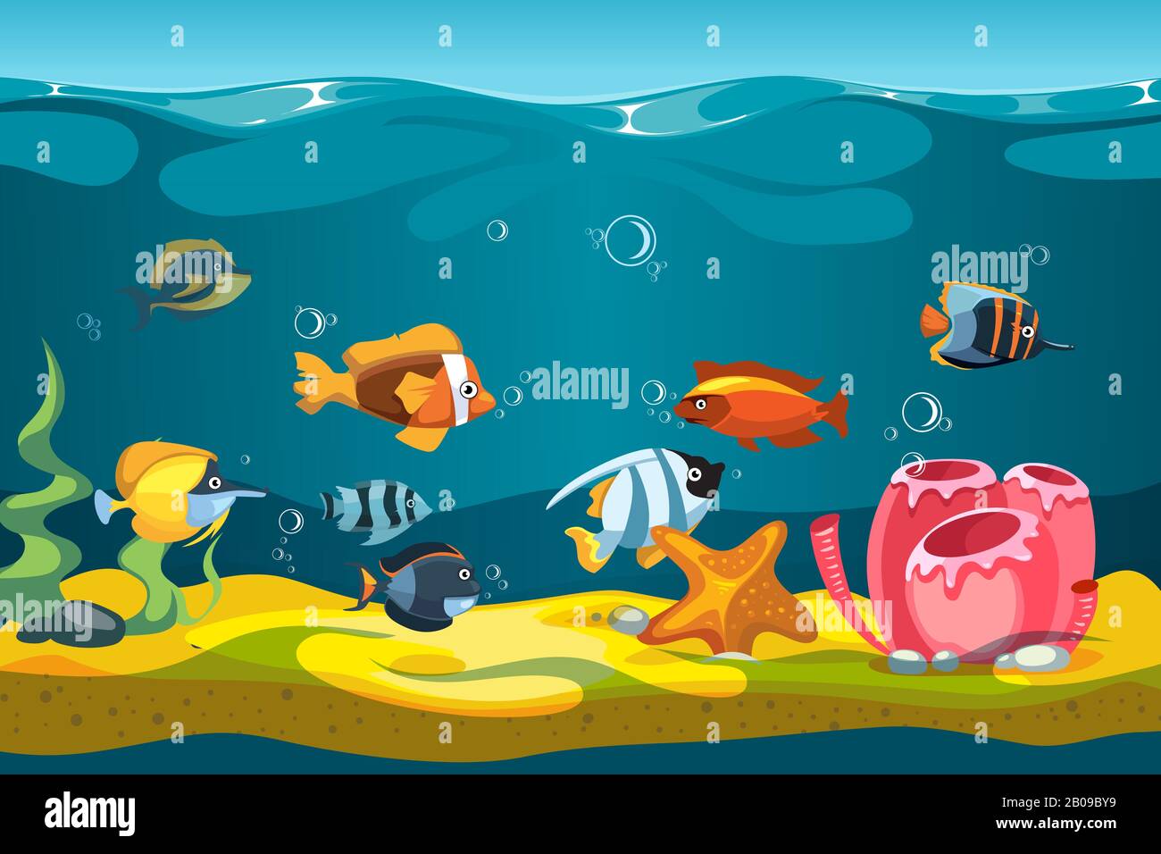 Mare subacqueo con pesci e rocce vettore sfondo per il gioco del telefono cellulare. Interfaccia gioco con personaggio colorato pesce illustrazione Illustrazione Vettoriale