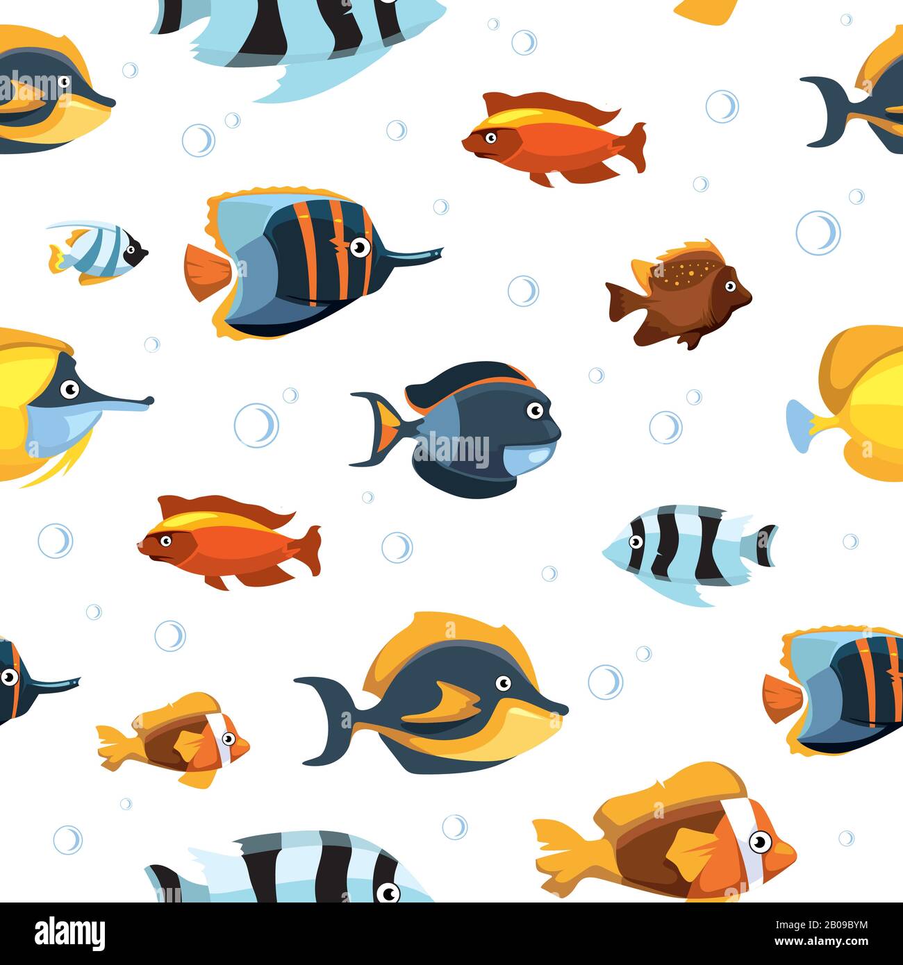 Vita subacquea con cute cartone animato pesci vettore senza cuciture modello. Pesci tropicali in acquario, pesci che nuotano in acqua illustrazione Illustrazione Vettoriale