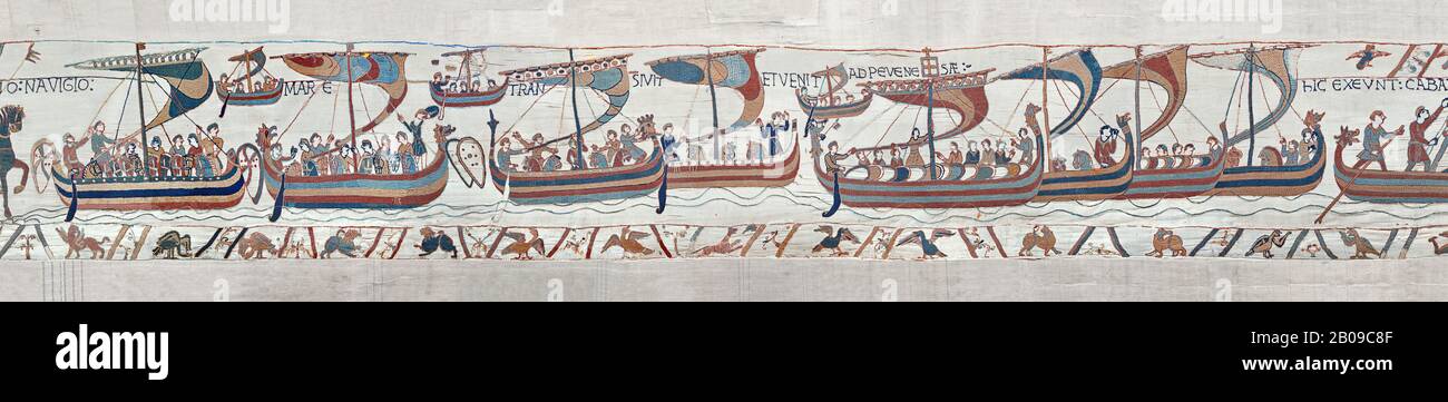 Bayeux Arazzo scena 38: Duke Williams flotta di invasione navi attraversare il canale in Inghilterra. BYX38 Foto Stock