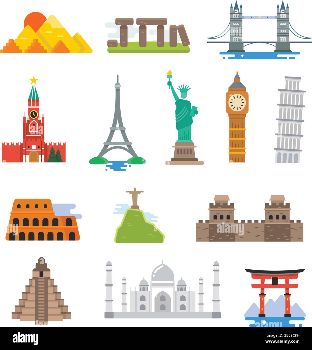 Famosa architettura mondo viaggio vettore icone monumenti. Collezione di famosi punti di riferimento piramide e torre di pisa, grande essere e, taj mahal punto di riferimento illustrazione Illustrazione Vettoriale