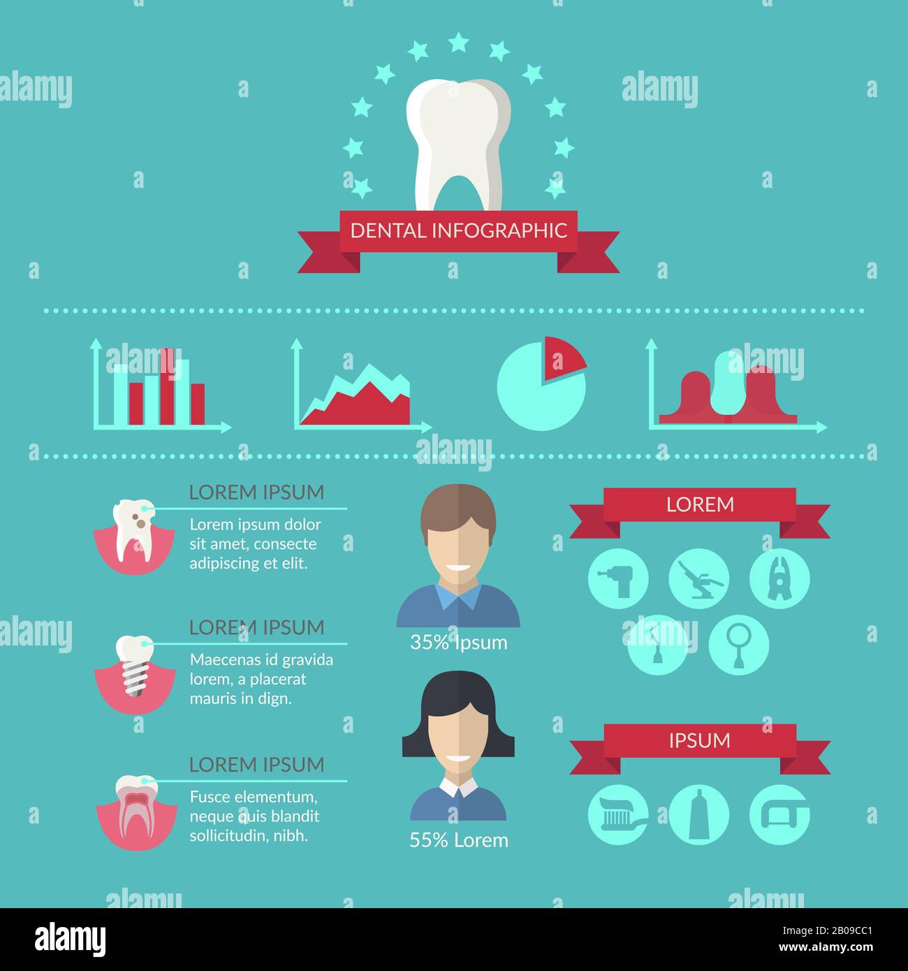 Dentista e denti cura vettore infografica modello. Infografica sulla salute dentale, illustrazione della medicina dentale Illustrazione Vettoriale