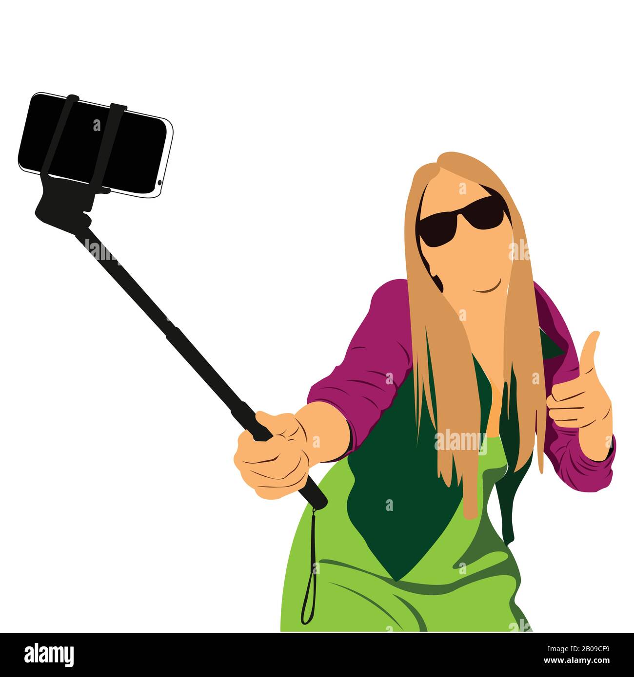Ragazza prendere un autoritratto con il suo smartphone, prendendo selfie - mano tenere monopod con fotocamera. Illustrazione Vettoriale