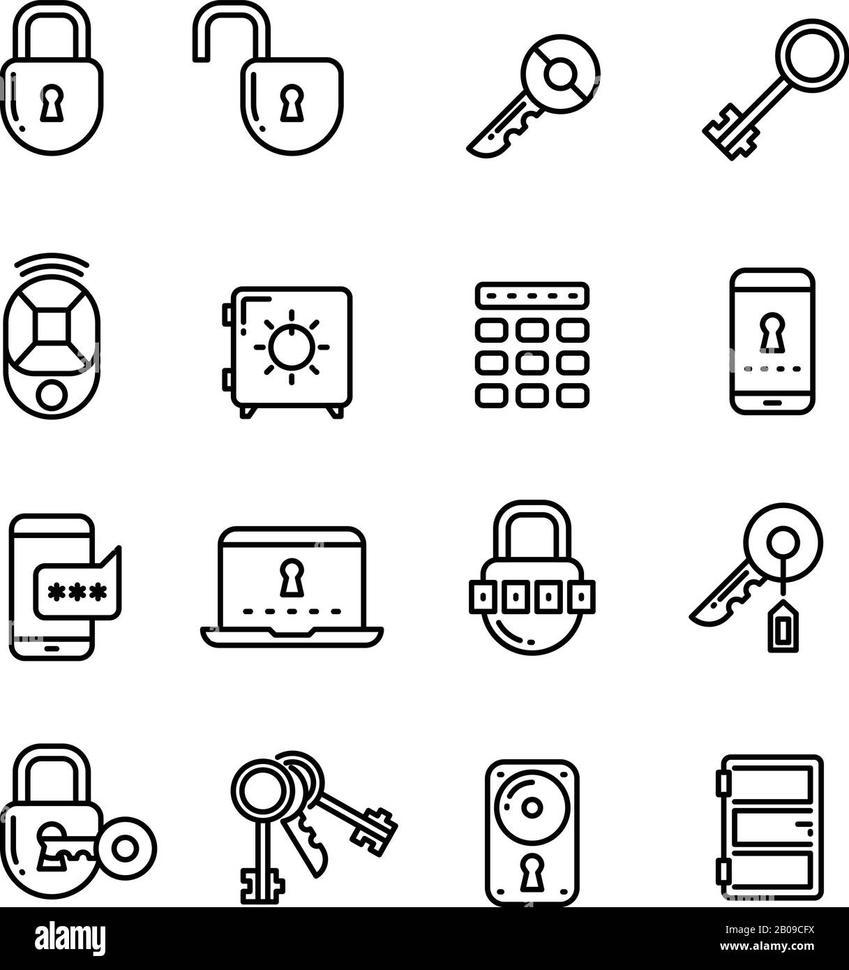 Chiave, serratura, lucchetto, cassaforte, porta, icone vettoriali di sicurezza a linea sottile. Raccolta di icone di sicurezza lineari, illustrazione di blocco e codice per la sicurezza Illustrazione Vettoriale
